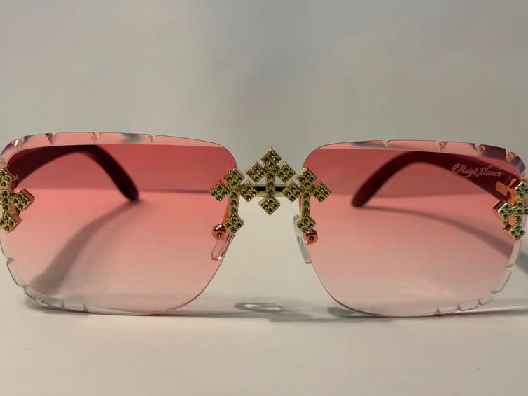RayStance Rosé — pink rimless frame with gold crosses, front view