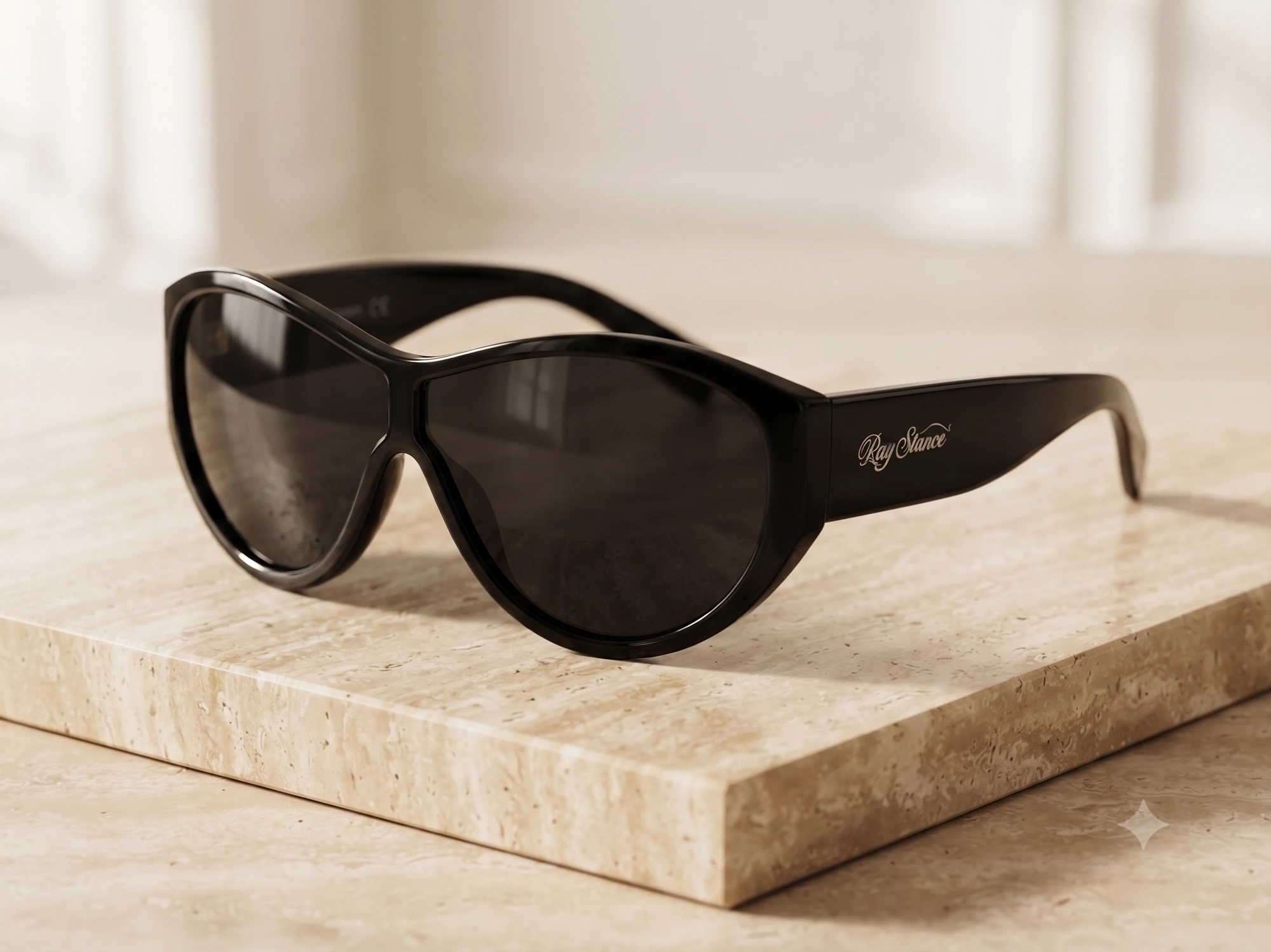 RayStance Onyx — bold black sunglasses on travertine stone