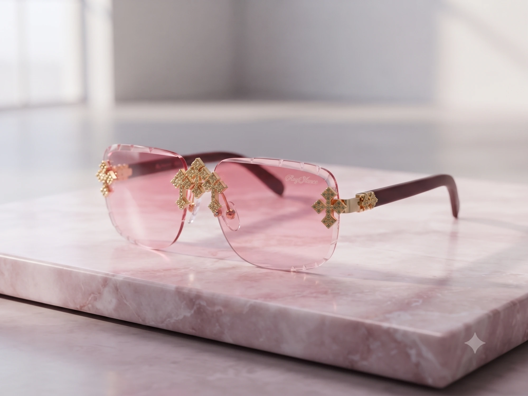 RayStance Rosé — pink rimless sunglasses with gold cross accents on pink marble